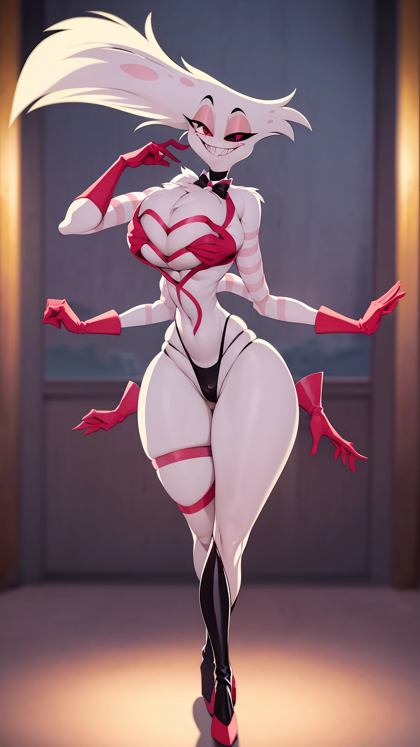 (best quality, masterpiece:1), furry, female, 1girl, anthro, angeldust, 4 arms, white cloths , thigh boots, gold tooth, huge chest tuft, choker, bowtie, , red gloves, grin, sharp teet hourglass figure, thick thighs, bubble butt, wide hips, *, pants, full, body, butler cloths, noble cloths,blending, reflection light, ray tracing, backlighting, bloom, blending, drop shadow, film grain, image fill, Fujicolor, halftone, motion lines, optical illusion, anaglyph, stereogram, speed lines, vignetting, scanlines, UHD, retina, masterpiece, ccurate, anatomically correct, textured skin, super detail, high details, high quality, award winning, best quality, highres, boots,refsheet, standing, full body, flipflops, pants
