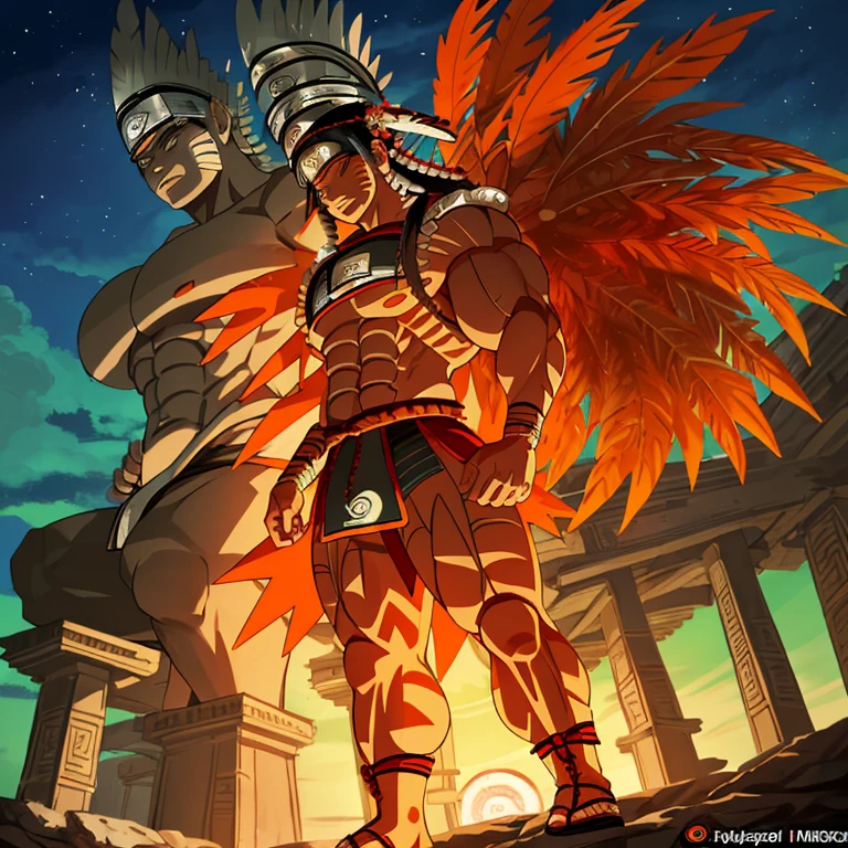 Masterpiece, one Aztec Native named Madara Uchicha, solo, wearing traditional attire with intricate patterns, rinnegan eyes glowing ominously, ultra-detailed and realistic, dynamic light and shadow, high resolution, sharp focus, depth of field, expression of intense concentration, vivid and authentic colors, fine textures, (tall and muscular build: 1.8), (feather headdress: 1.2), sitting cross-legged on a stone platform, surrounded by lush jungle, (sunset sky: 1.1), (in the style of Naruto universe: 1.5)