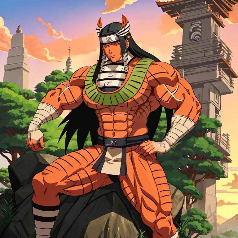 Masterpiece, one Aztec Native named Madara Uchicha, solo, wearing traditional attire with intricate patterns, rinnegan eyes glowing ominously, ultra-detailed and realistic, dynamic light and shadow, high resolution, sharp focus, depth of field, expression of intense concentration, vivid and authentic colors, fine textures, (tall and muscular build: 1.8), (feather headdress: 1.2), sitting cross-legged on a stone platform, surrounded by lush jungle, (sunset sky: 1.1), (in the style of Naruto universe: 1.5)