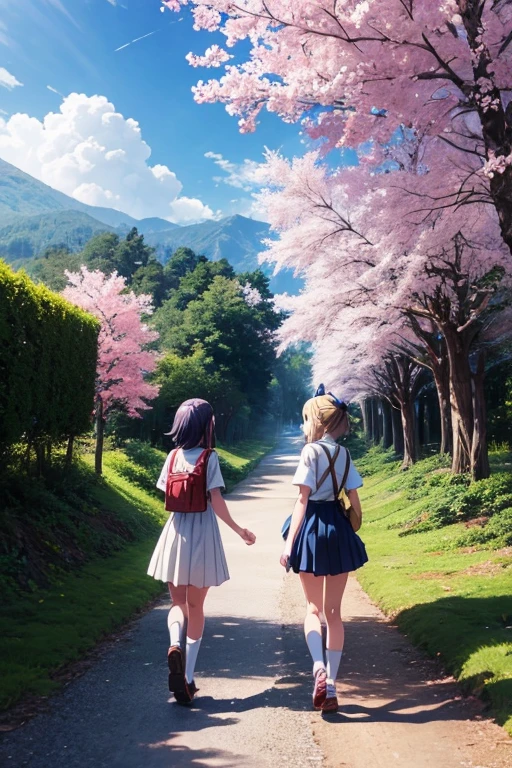 Anime scene of two girls walking on a path in the woods, 今日精选anime still frame, beautiful anime scenes, Screenshots from the 2012 animation, anime scene, anime rural scenery, Screenshots from animated movies, Anime background main vision, Still from TV animation, Animation movie screenshots, Official animation stills, anime still frame, 2 0 1 9 animation screenshots