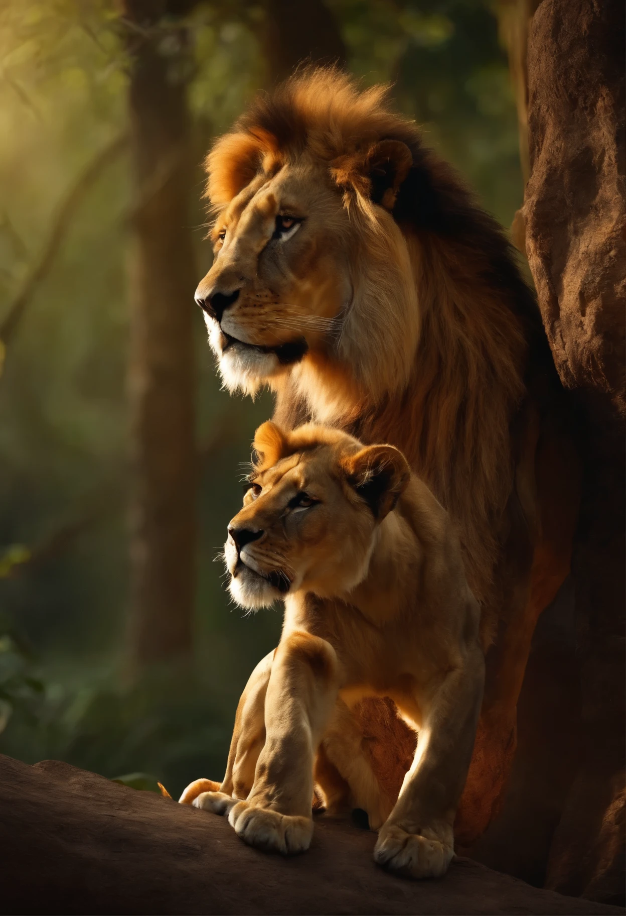 A lion and Burmes leader( Daw Aung San Su Kyi), She near the lion Cinematic and realistic image with a very detailed environment
