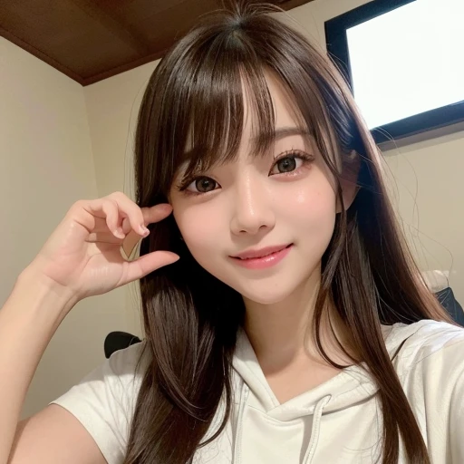 photograph、(((ultimate beauty portrait)))、1 girl、Japanese beautiful girl、big smile、((brown hair))、((Big eyes that shine like jewels))、my room、Glossy, glowing skin、(medium long hair)、(Sitting in a gaming chair)、eyeliner、beautiful bangs、hair between eyes、((masterpiece、最high quality、Super detailed、intricate details、High resolution、very detailed))、detailed background、8KUHD、soft light、high quality、shallow depth of field、laughing out loud、(((small breasts)))、(((Bust A cup)))、(((Clothes)))、hoodie、selfie、hanging eye makeup、distant subject、burst into laughter