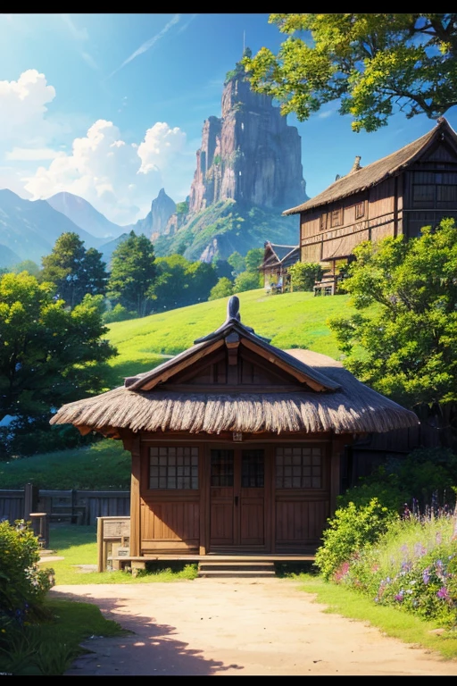 (best quality,4k,8k,highres,masterpiece:1.2),ultra-detailed,(realistic,photorealistic,photo-realistic:1.37),thatched roof,small house,anime village scenery,anime rural landscape,tanrusong,tan rusong,tavern background,anime background art,anime background,multidimensional cozy tavern,anime scenery,beautiful anime sceneryry,beautiful anime scenarys,anime scenery concept art,still from an animated movie,anime scene,anime movie background,colorful anime movie background