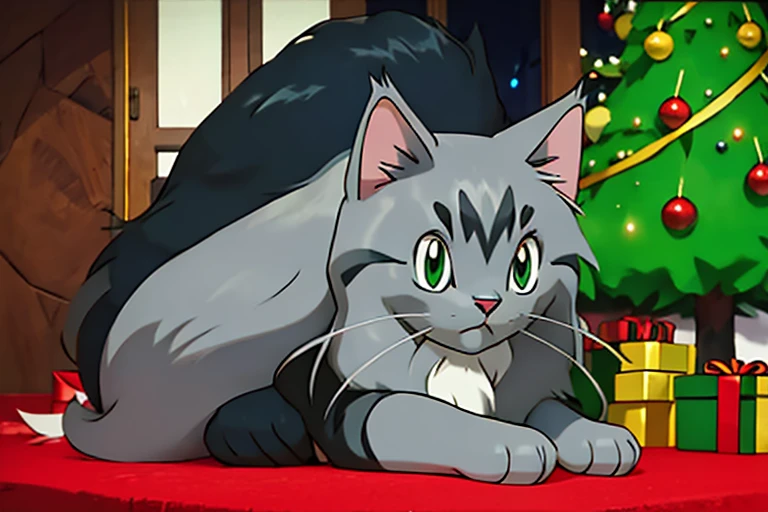 gray long haired cat pokemon with black face stuck in christmas tree