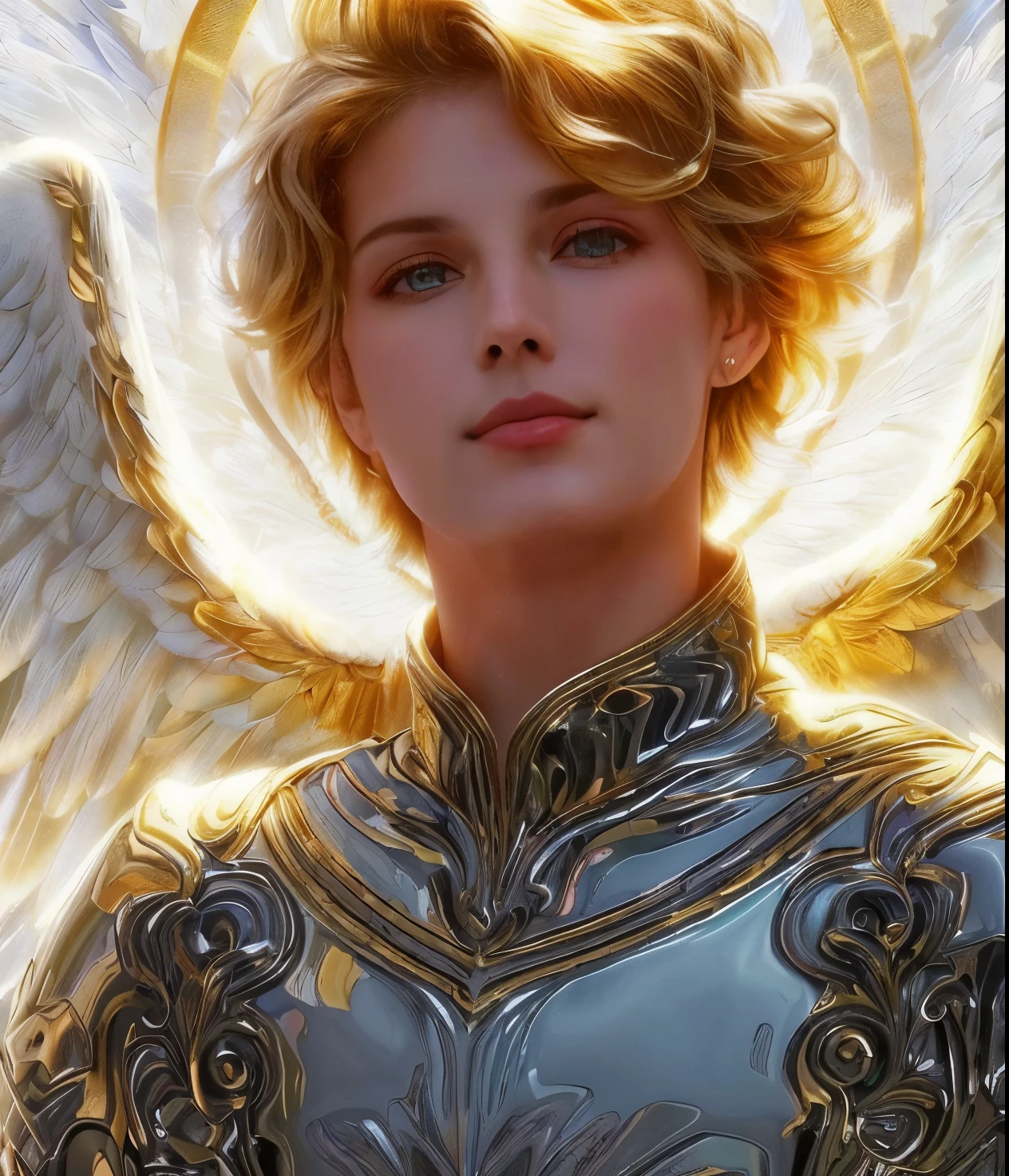 (((St. Michael the Archangel. 19 anos de idade))) ((( With a serious and pious face. Com um olhar doce e terno))) (Obra-prima, Qualidade superior, melhor qualidade, arte oficial, beautiful and aesthetic: 1.2), (1 garota), extremamente detalhado, (Arte Fractal: 1.3), colorido, mais detalhado, Rosto perfeito, Parte superior do corpo, HDR, (Rezando: 1.3), (linhas douradas de pelagem branca: 1.2), Galaxy, (listras leves), visuais atraentes, (dynamic stripes, Trilhas luminosas: 1.2), cores vibrantes,