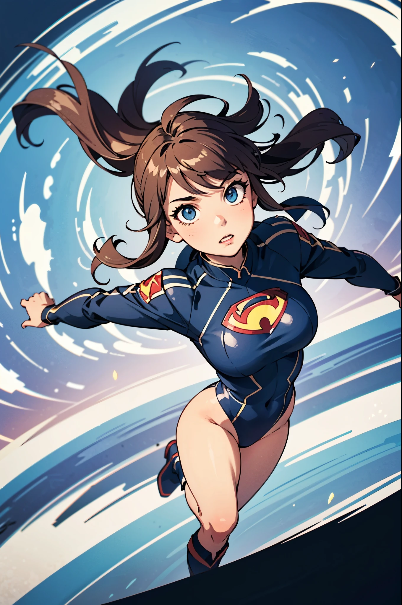 1girl, solo focus, superhero, leotard, highleg leotard, bare legs, boots, mature lady, spinning her body in rapid speed like a tornado, wind swirls, rapid gyration, tornado spinning girl, tornado spin, turning to a whirlwind, ultra highres, absurdres, beautiful face, detailed eyes, symmetric eyes