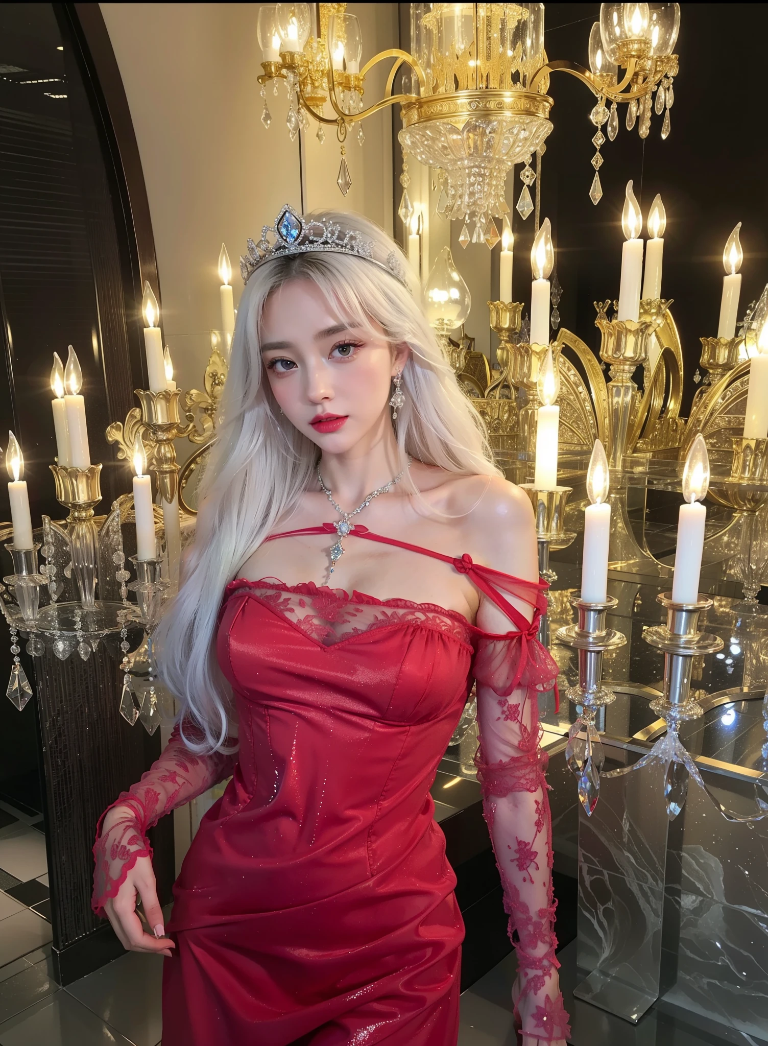 Royal sister,Delicate Frost Queen,put the crown on your head,Detailed facial expressions body,tall figure,number,Leg length,4K,HD,,White translucent lace,公平的number,pretty face,Little cherry mouth,beautiful and delicious(3D royal sister),gloss gel coat,Vampire queen wears luxurious dress,Crystal Gem Crown,Pictures are colorful、bright,