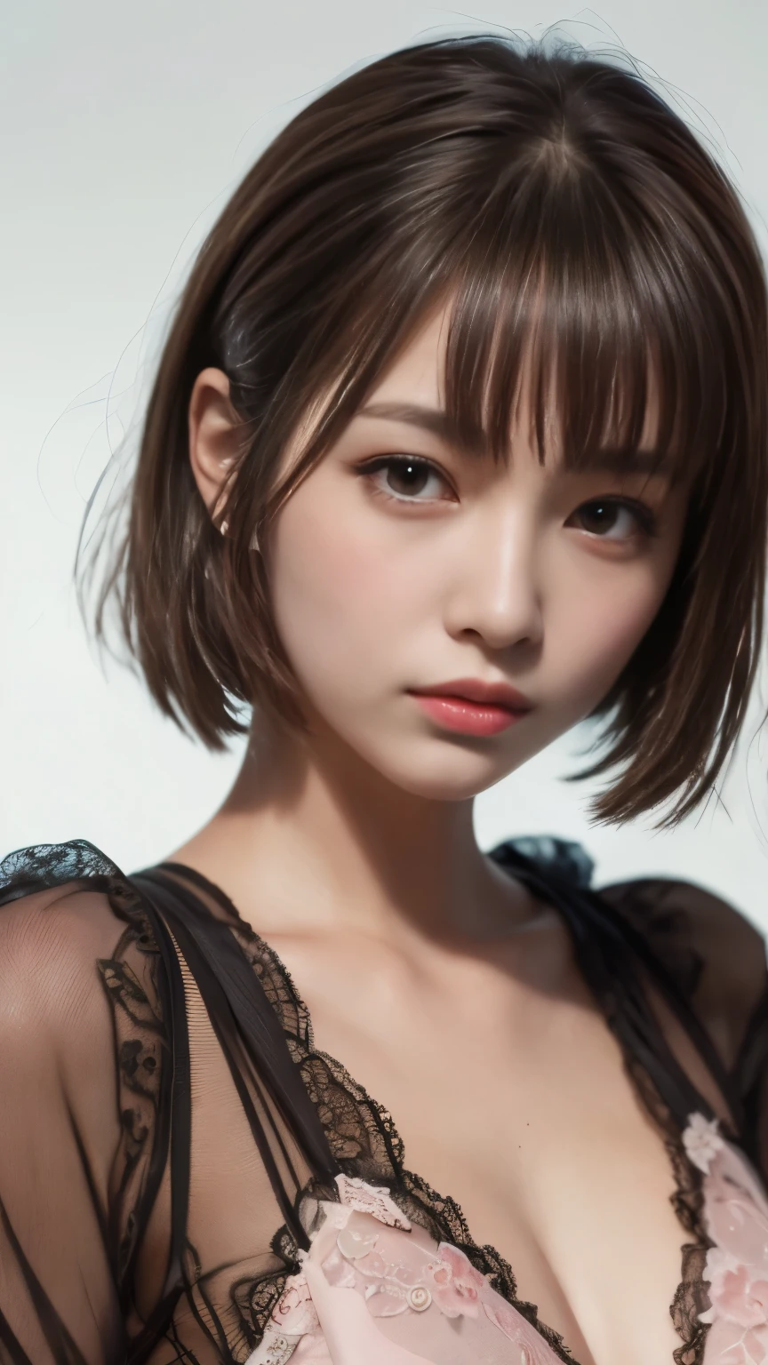 1 photo、((highest quality)), ((masterpiece)), (be familiar with: 1.4), 3D, HDR (high dynamic range), ray tracing, NVIDIA RTX, super resolution, unreal 5, scattered below the surface, PBR texture, Post-processing, anisotropic filtering, written boundary depth, maximum sharpness and sharpness, multilayer texture, Albedo and highlight mapping, surface coloring, Accurate simulation of honey-material interactions, perfect proportions, octane rendering, Large Diameter, Low ISO, White balance, Normal 3 points, 8,000 students, beautiful bright pupils, delicate face and eyes, long eyelashes, short bob hair, straight hair、brown hair、pink lips, Pure, cute, sweet girl, smile、cleavage、18-year-old、bedに仰向けに寝ている、bed
