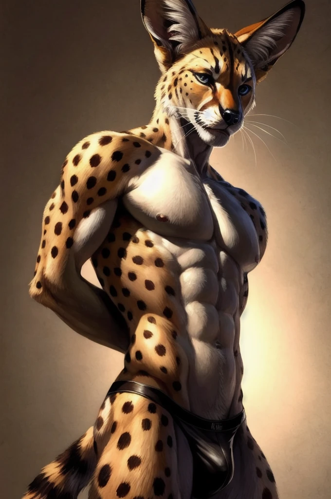 a furry male anthro Serval standing with his hands behind his back. He is wearing underwear and is depicted in a simple background. The artwork should be in a front view perspective. The image should be of the best quality, with ultra-detailed features and a realistic, photorealistic style. The colors should be vivid and the lighting should create a professional and visually appealing effect. The inspiration for this artwork comes from artists such as thebigslick.
