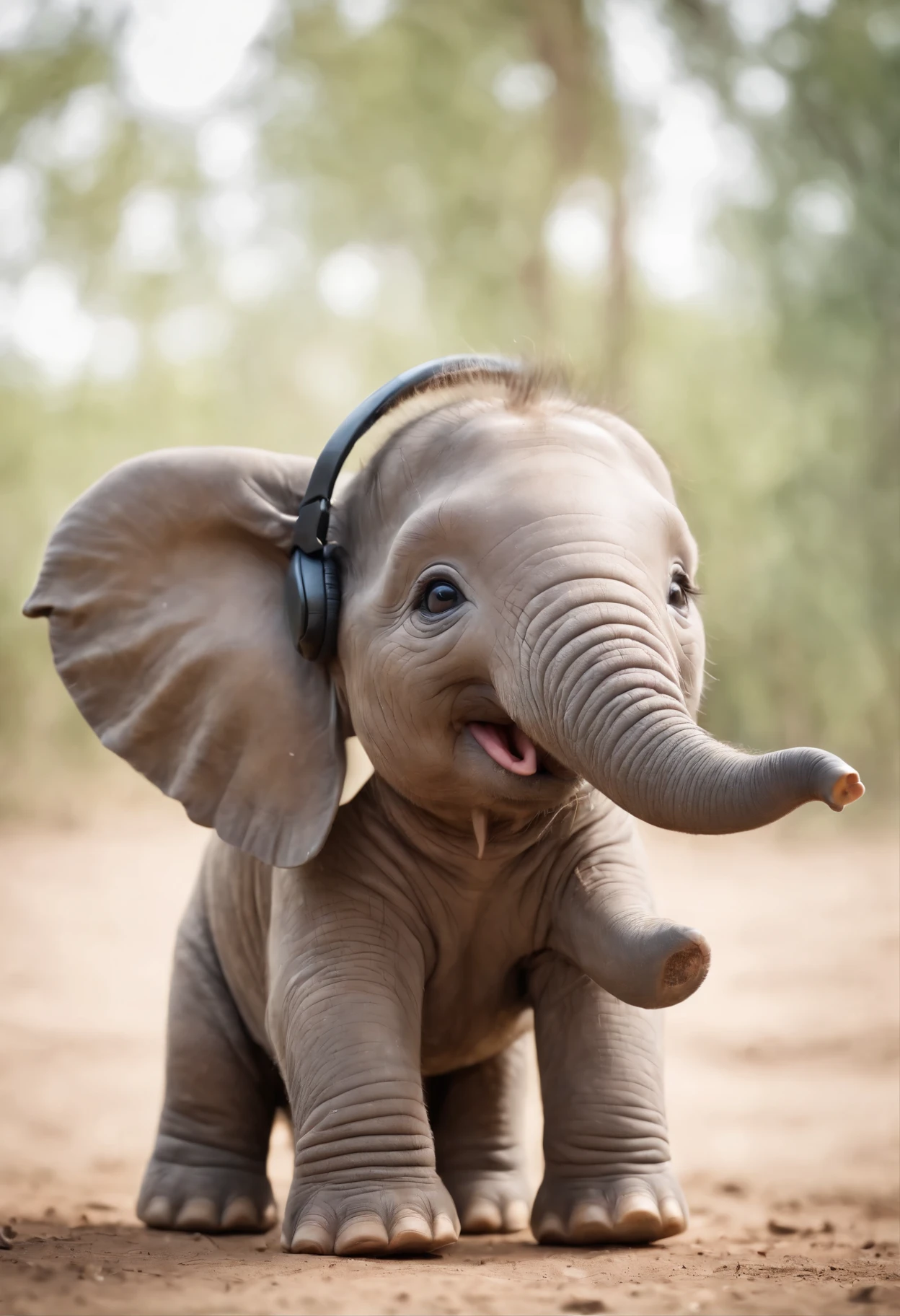 A really cute elephant, the baby cut hant is smiling, wearing headphones, wearing pants, high detail, 8k,