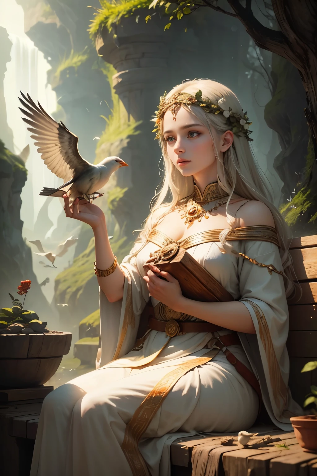 Goddess of welth, masterpiece, spiritual environment, nature with birds, 8k