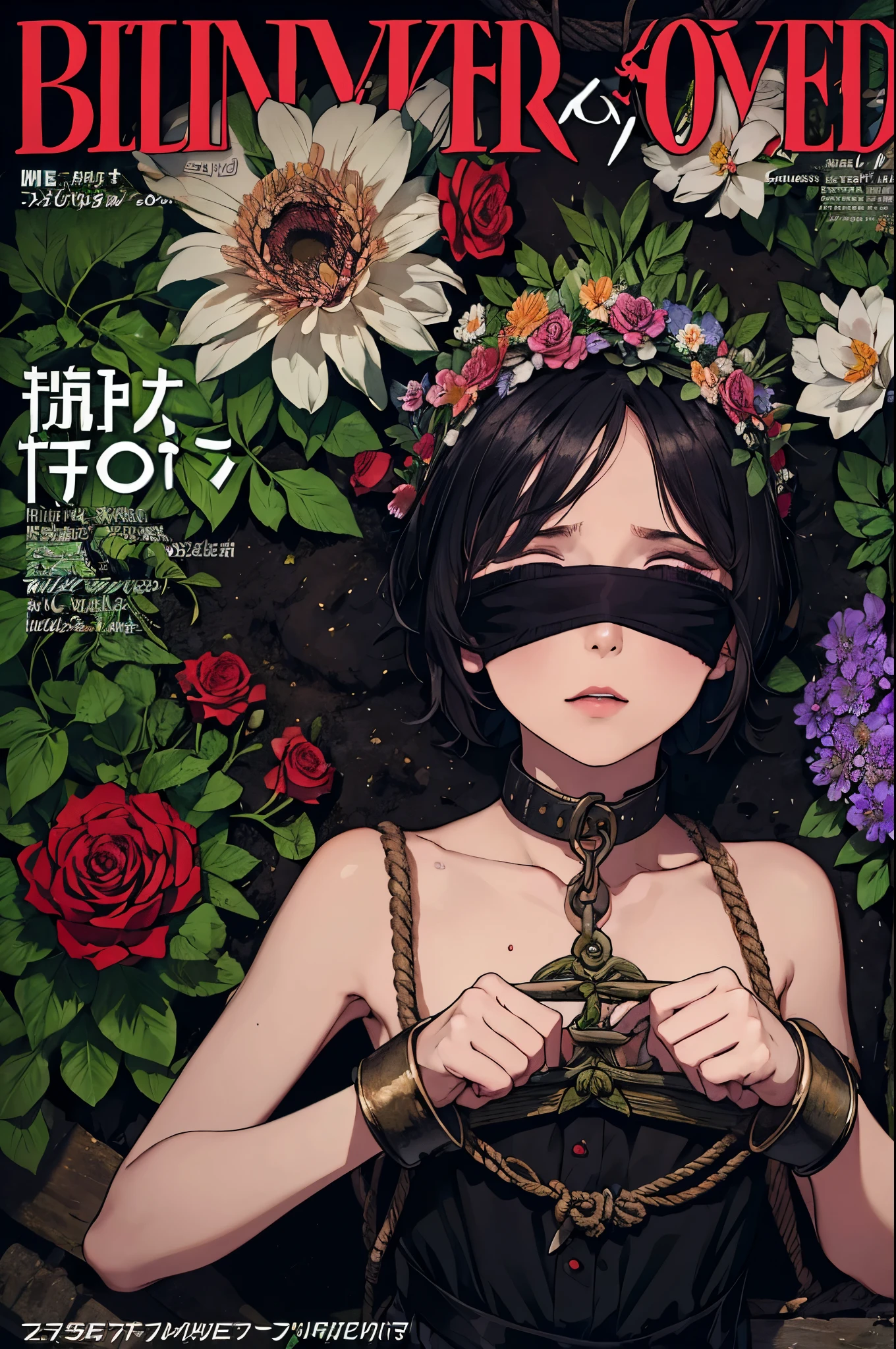 magazine cover,Flower of legend,(Collar, blindfold,manacles,sex slave restrained with rope),Watering the flowers,peeing,Sweaty skin,flower garden,gonzo pornography