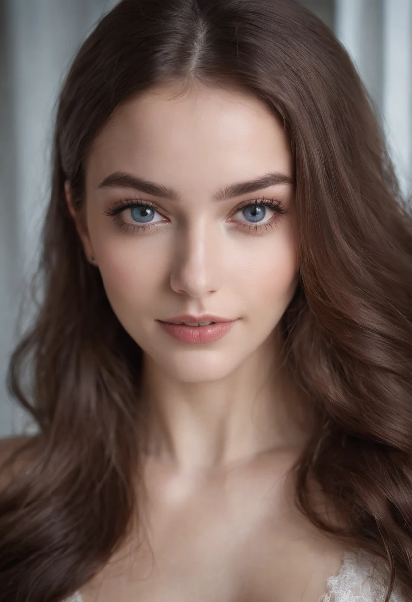 Femme arafed , fille sexy aux yeux bleus, Portrait de Sophie Mudd, cheveux bruns et grands yeux, selfie d&#39;une jeune femme, Yeux de chambre, Violette Myers, maquillage naturel, regarder directement la caméra, Visage avec Artgram, Maquillage subtil, Superbe photo du corps entier, clivage, best quality, smile, messy long hair, masterpiece