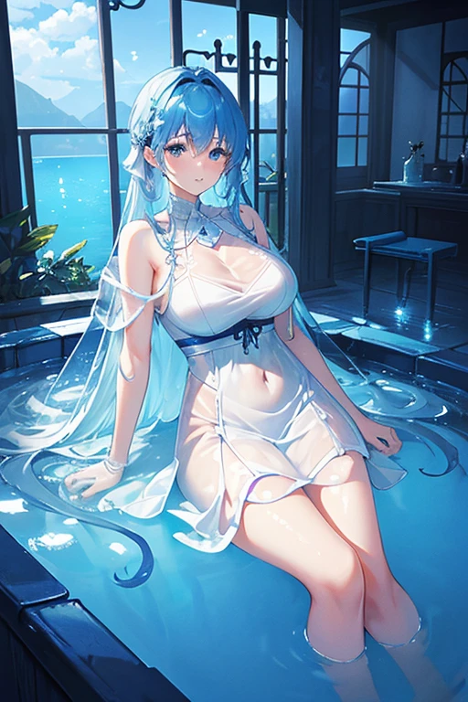 (highest quality, 8K, 32K, masterpiece, UHD: 1.3), 1 female, (Oversized: 1.3), perfect figure,, (attractive), (Sheer skin)) 、((((Transparent see-through dress))))、see-through dresses、lace sheer dress、Transparent dress、Sheer skin、Transparent dressを着た美しい裸の女性、solo、best style、big breasts、The most beautiful in the world、unparalleled beauty、long hair、 ((blue bathhouse)),、Blue lighting. concept art stunning atmosphere, blue atmosphere, beautiful concept art, Dark Majestic gorgeous public bath, Inside the blue palace、(blue water辺、blue water)、blue reflection、Cyan color、get wet in blue water、Blue light、Blue World、Expressive、sexy pose、sexy design