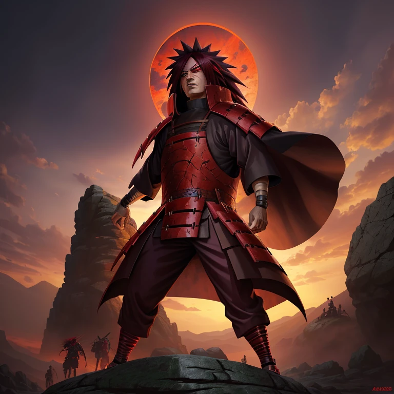 Madara Uchiha with aztec native style costume, wearing Uchiha war armor, rinnegan eyes glowing ominously, ultra-detailed and realistic, dynamic light and shadow, high resolution, sharp focus, depth of field, expression of intense concentration, vivid and authentic colors, fine textures, standing on a stone platform, surrounded by dead ninja, naruto anime madara uchiha.