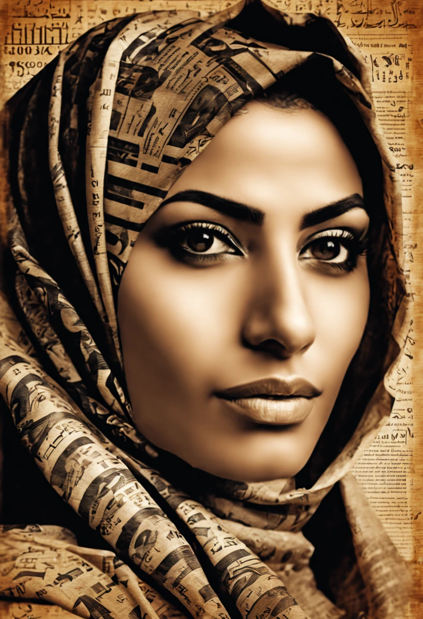 Portrait of a egyptian woman with typography Photoshop effect, newspaper effect