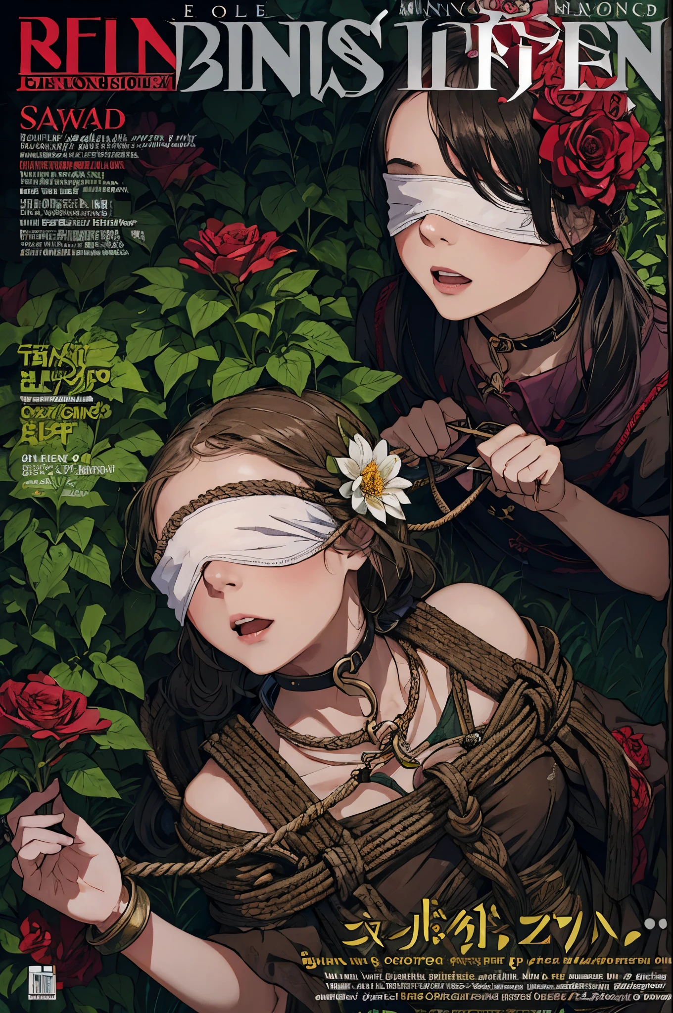 magazine cover,Flower of legend,(Collar, blindfold,manacles,sex slave restrained with rope),Watering the flowers,peeing,Sweaty skin,flower garden,gonzo pornography