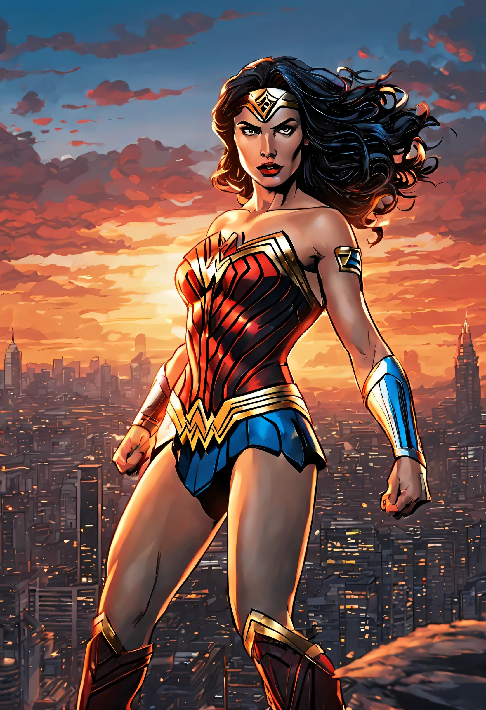 "(best quality,4k,8k,highres,masterpiece:1.2),ultra-detailed,(realistic,photorealistic,photo-realistic:1.37),wonder woman,comic book style,detailed face,flowing wavy hair,bright and vibrant colors,striking red and blue costume,heroic pose,fighting stance,defiant expression,fierce eyes,strong and bold facial features,background with cityscape at sunset,dynamic lighting effects,crisp and sharp lines,attention to muscle definition,majestic and powerful presence,action-packed scene,dramatic and intense atmosphere,explosive energy,attention to comic book details,inked outlines,cell shading technique,bold and vivid color palette,expressive and dynamic movements,empowering and confident character,comic book typography,exciting and captivating storyline,authentic comic book feel"