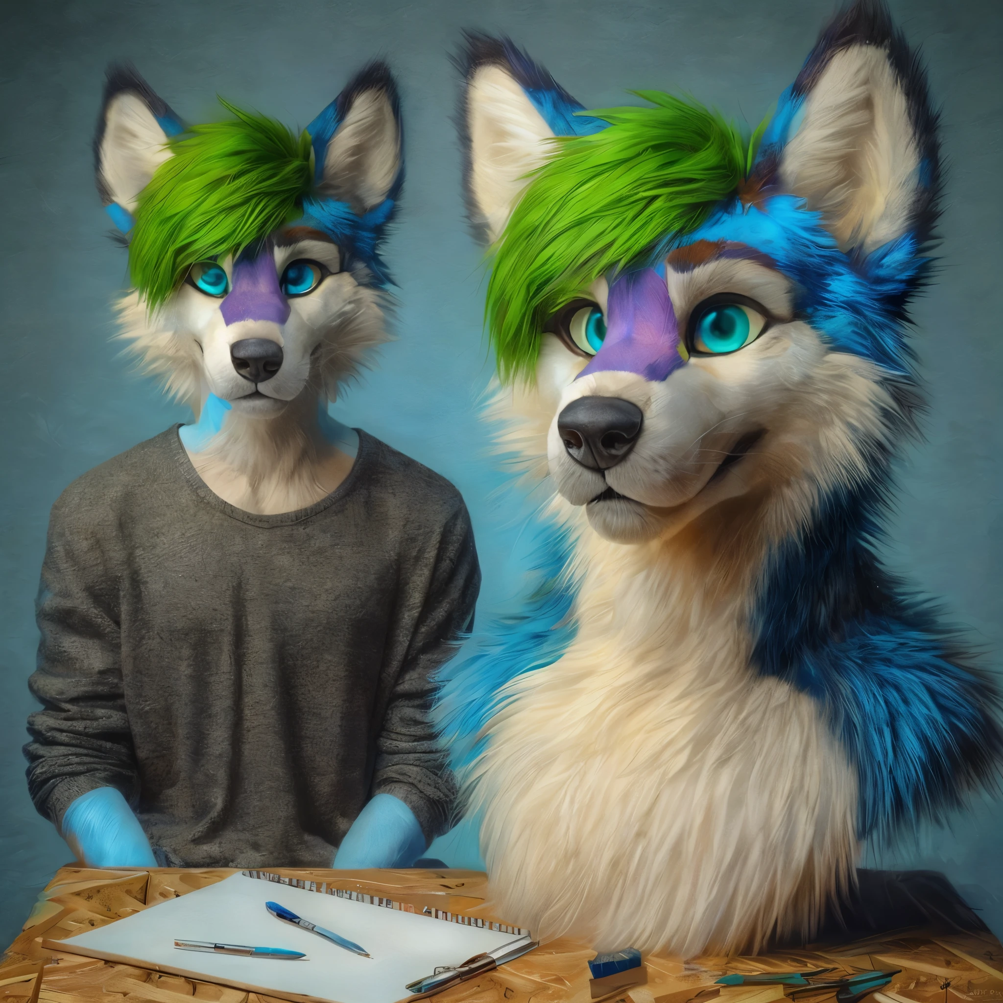 anthro husky boy furry detailed fur long fur long hair realistic fur digital art, arafed image of a man and a dog with green hair, furry character portrait, professional furry drawing, furry artist, masterpiece anthro portrait, pov furry art, hyper realistic fur, furry character, furry art!!!, furry art, fursona furry art commission, hyper realistic style, furry digital art, generic furry style, anthropomorphic furry art