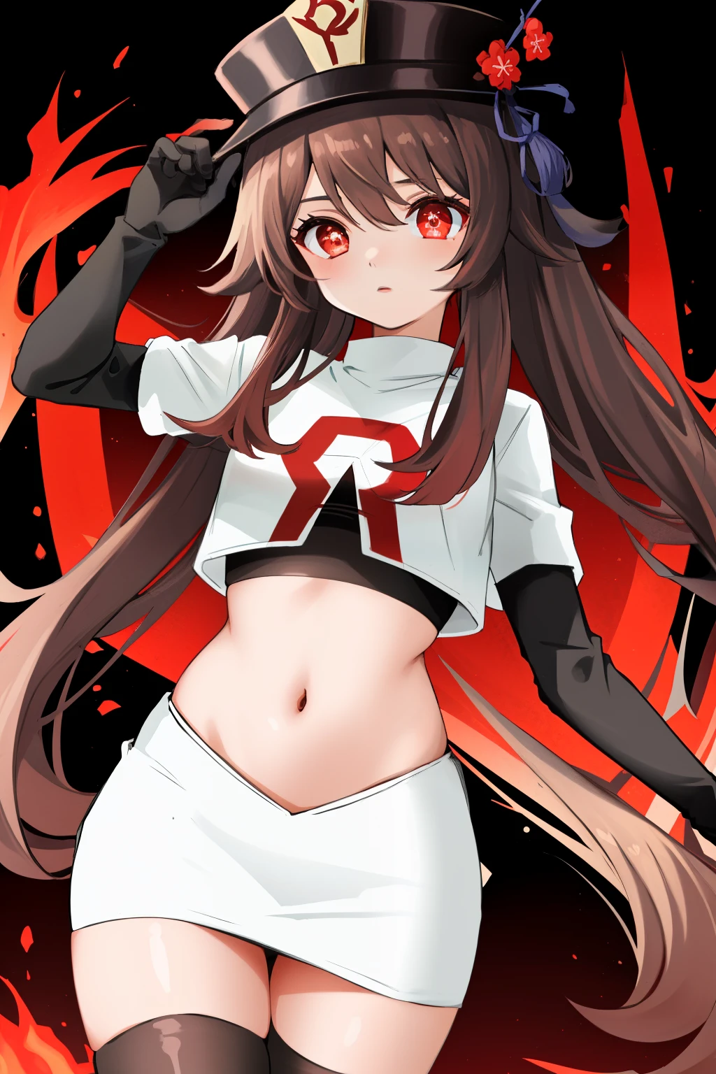 masterpiece, best quality,
1girl, hu tao (genshin impact), boo tao,hat, red eyes, twintails, brown hair, solo, symbol-shaped pupils, long hair,bangs, team rocket,team rocket uniform, red letter R, white skirt,white crop top,black thigh-highs,black elbow gloves