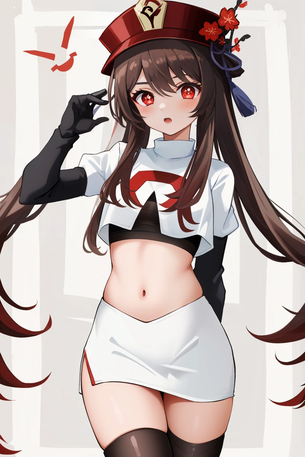 masterpiece, best quality,
1girl, hu tao (genshin impact), boo tao,hat, red eyes, twintails, brown hair, solo, symbol-shaped pupils, long hair,bangs, team rocket,team rocket uniform, red letter R, white skirt,white crop top,black thigh-highs,black elbow gloves