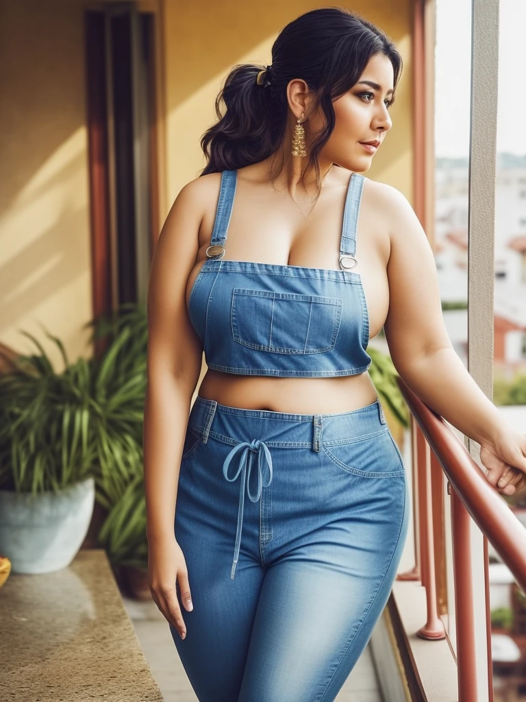 day scene, close up photo of latina, posing at balcony, wearing jeans apron, massive cleavage show, massive breasts, chubby cheeks, seductive face, looking at viewer and seduce, ponytail hair, cute mature face, 35 yo, soft volumetric lights, (backlit:1.3), (cinematic:1.3), intricate details, (ArtStation:1.2), no bra, nude, naked