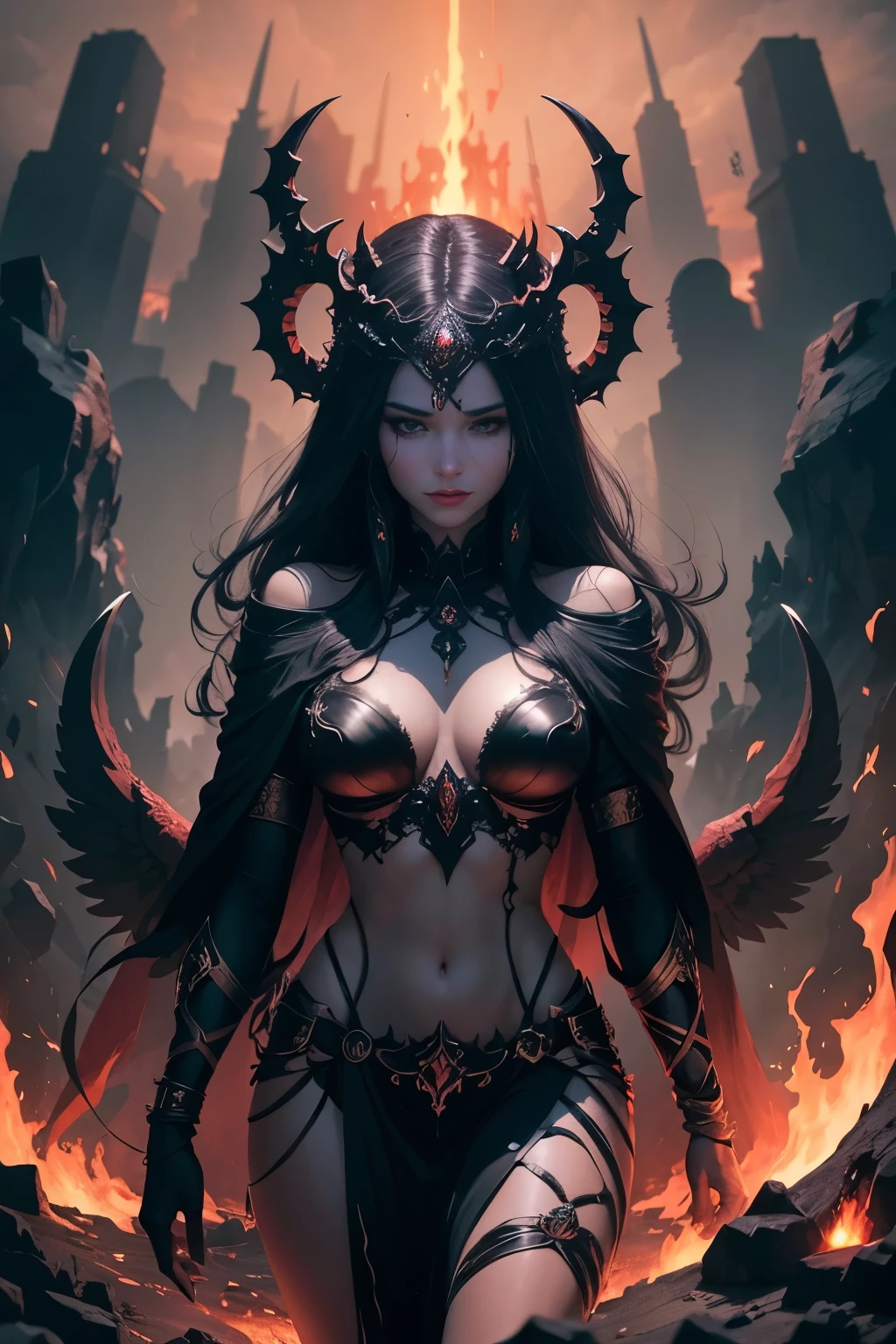 Goddess of death masterpiece, hell environment, nature with skills & lava, look at front, 8k