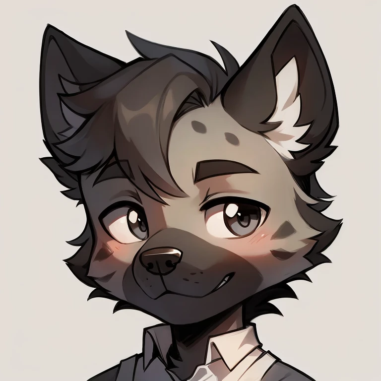 male, young hyena, cute, anthropomorphic, grey and dark grey fur, black spots, white background, headshot, high quality