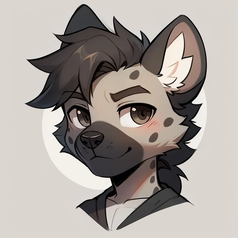 male, young hyena, cute, anthropomorphic, grey and dark grey fur, black spots, white background, headshot, high quality