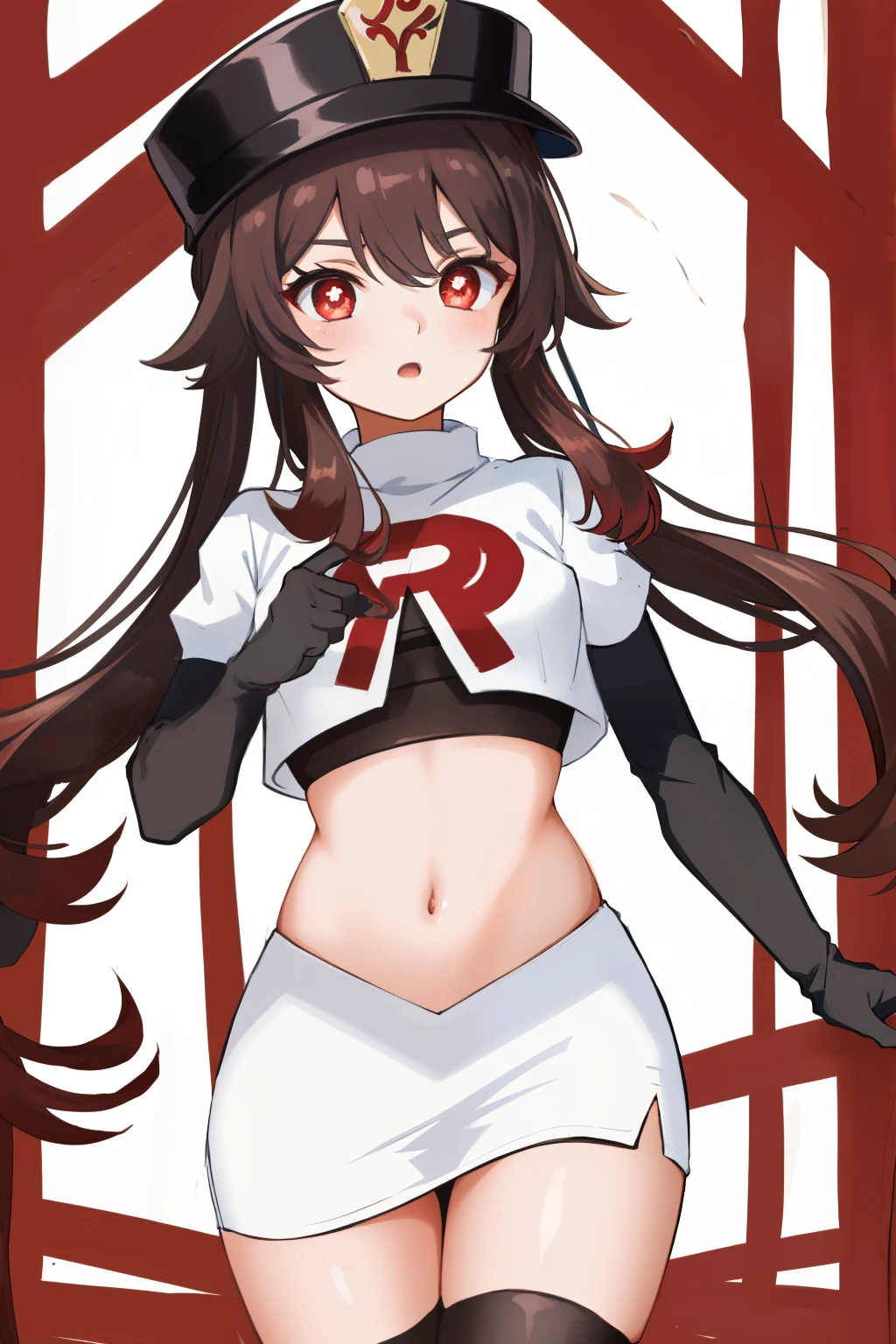 masterpiece, best quality,
1girl, hu tao (genshin impact), boo tao,hat, red eyes, twintails, brown hair, solo, symbol-shaped pupils, long hair,bangs, team rocket,team rocket uniform, red letter R, white skirt,white crop top,black thigh-highs,black elbow gloves