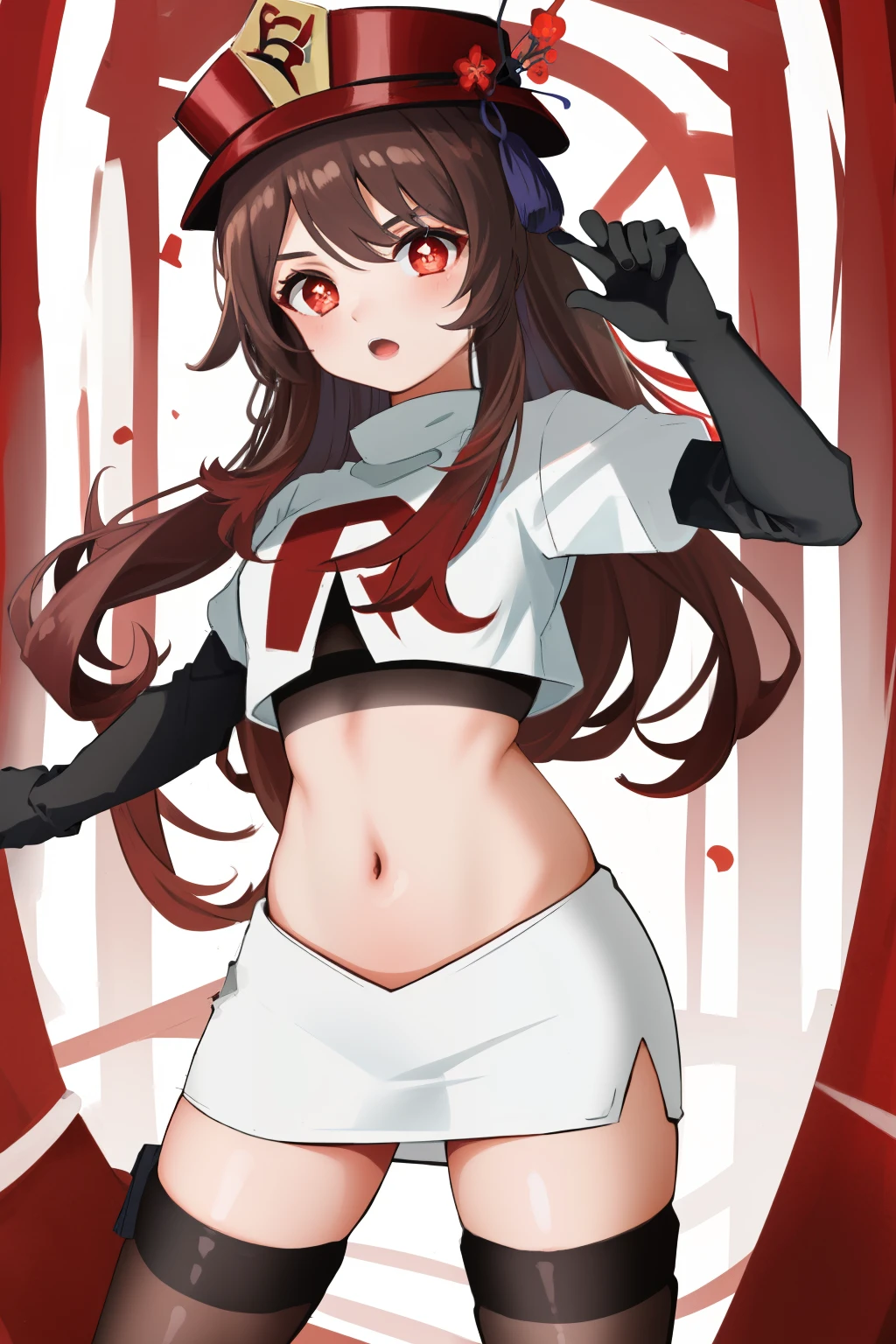 masterpiece, best quality,
1girl, hu tao (genshin impact), boo tao,hat, red eyes, twintails, brown hair, solo, symbol-shaped pupils, long hair,bangs, team rocket,team rocket uniform, red letter R, white skirt,white crop top,black thigh-highs,black elbow gloves