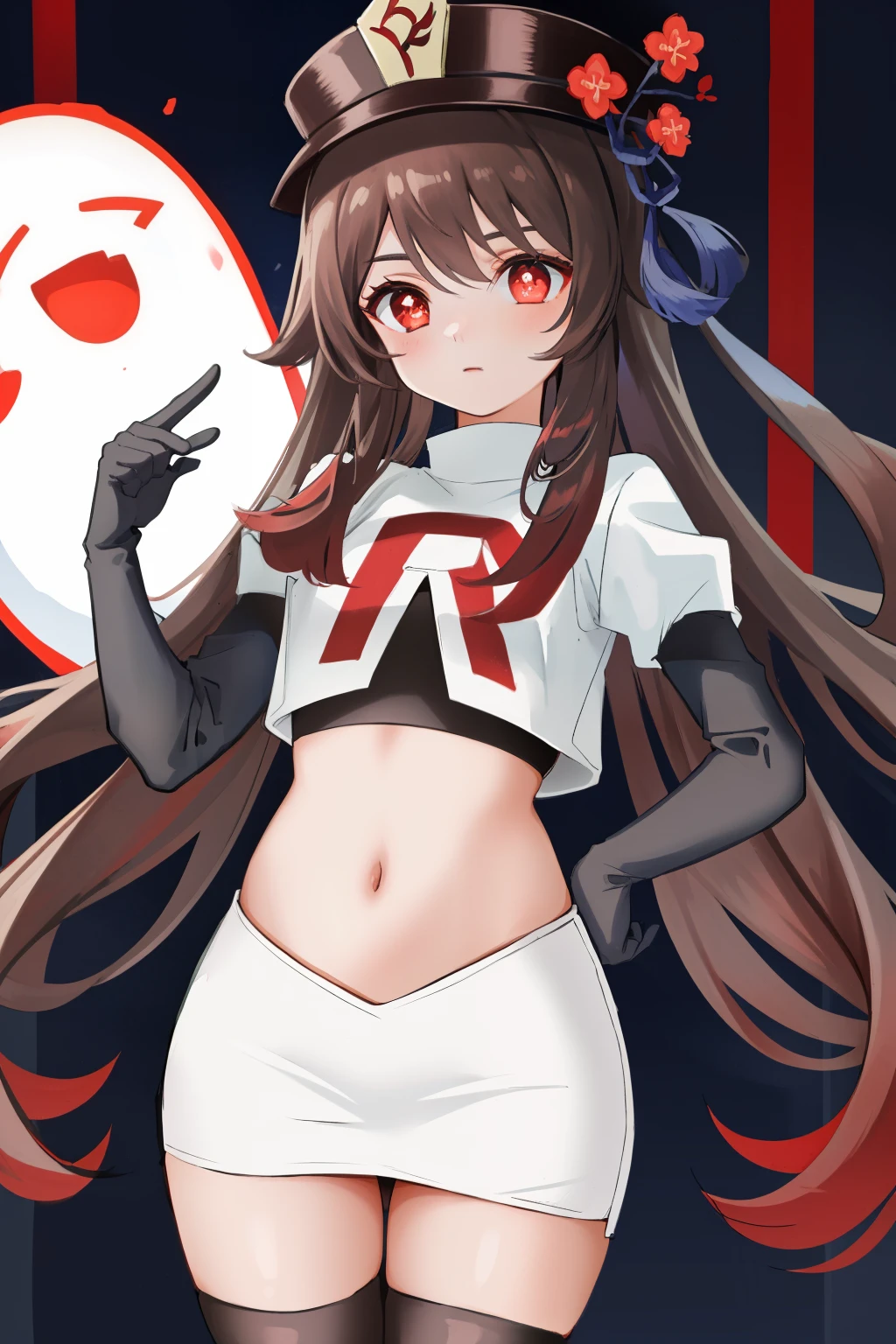 masterpiece, best quality,
1girl, hu tao (genshin impact), boo tao,hat, red eyes, twintails, brown hair, solo, symbol-shaped pupils, long hair,bangs, team rocket,team rocket uniform, red letter R, white skirt,white crop top,black thigh-highs,black elbow gloves