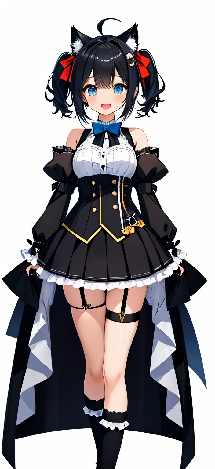 1 girl、open mouth、smile、Virtual YouTuber、girl with、((Highest image quality、High resolution、special images))、(black hair)、twin tails、(Black cat ears)、(Ahoge)、(short hair)、(wave hair) 、 (blue eyes)、、smile、((concept-art))、((View Viewer))。 )、black ribbon、A bow tie、♡、pleated skirt、Butterfly Ribbon、[[💉]]、garter belt、Both arms((upright))、solo、1 girl組、whole body、white background、simple background、positive。