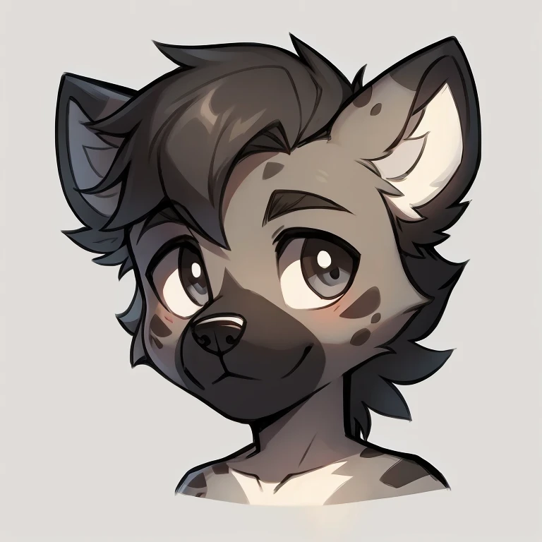 male, young hyena, cute, anthropomorphic, grey and dark grey fur, black spots, white background, headshot, high quality