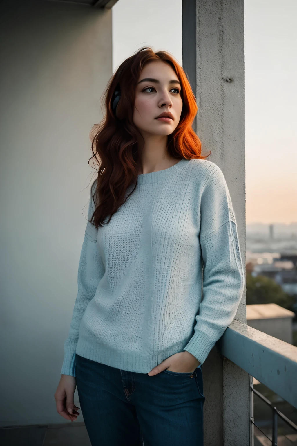 Foxy Full Body Long Shot Photo Of (Beautiful) Red Head With Flick-Outs Hair (25yo) (Miss With Beautiful Realistic Face) At Dawn, Rainy Outside, (Listening Music), Wearing Casual Wearings And Sweater, (((Gladly))), Nikon Z7 II, 24mm Lens, ISO 1600, 1/500, Macro, Solid-Colored Walls, Sunset, Artificial Light, Sky Blue, Navy, Grey, White, Lomo Effect, High Contrast And Saturation With Vignetting.