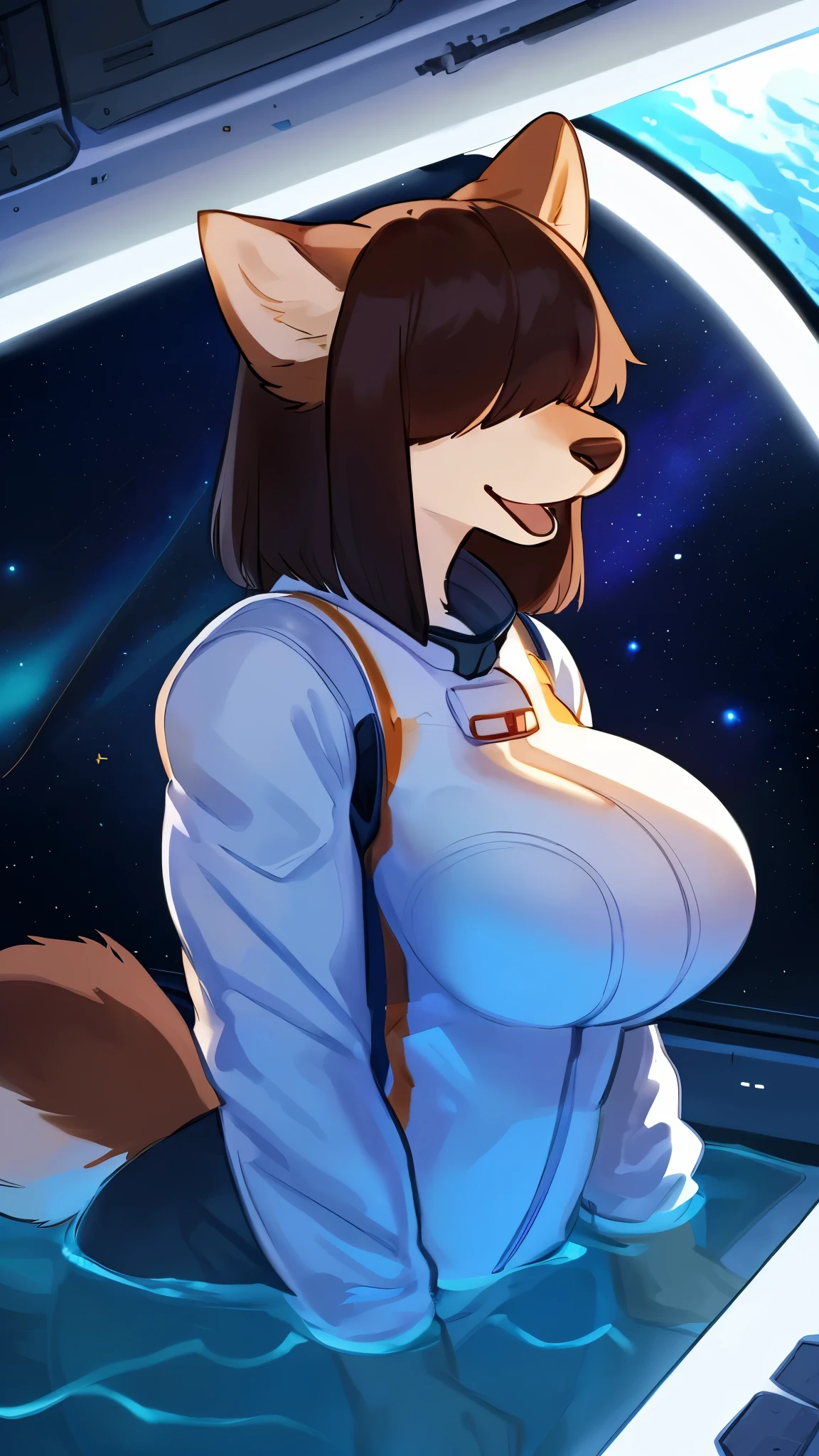 A spaceship promenade has a cute girl strolling around, . bbw, Female, One, perspective front view, Huge ass, blushing, CHUBBY, Big breasts, tranquility, paws, low angle, Holding the chest, large areolas, soft smile, long curly, lush, voluptuous, thick