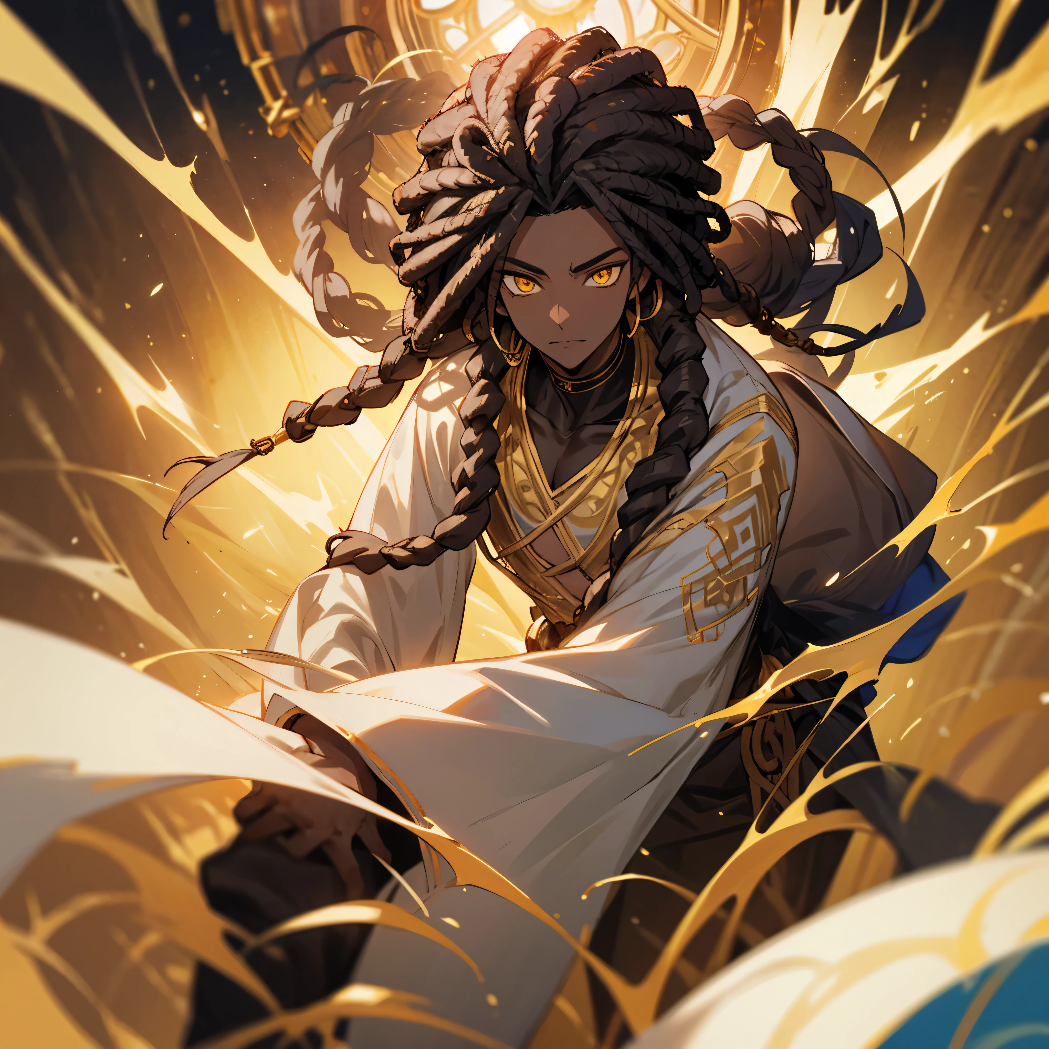1male,beautiful black skin, dreadlocks, built, golden eyes