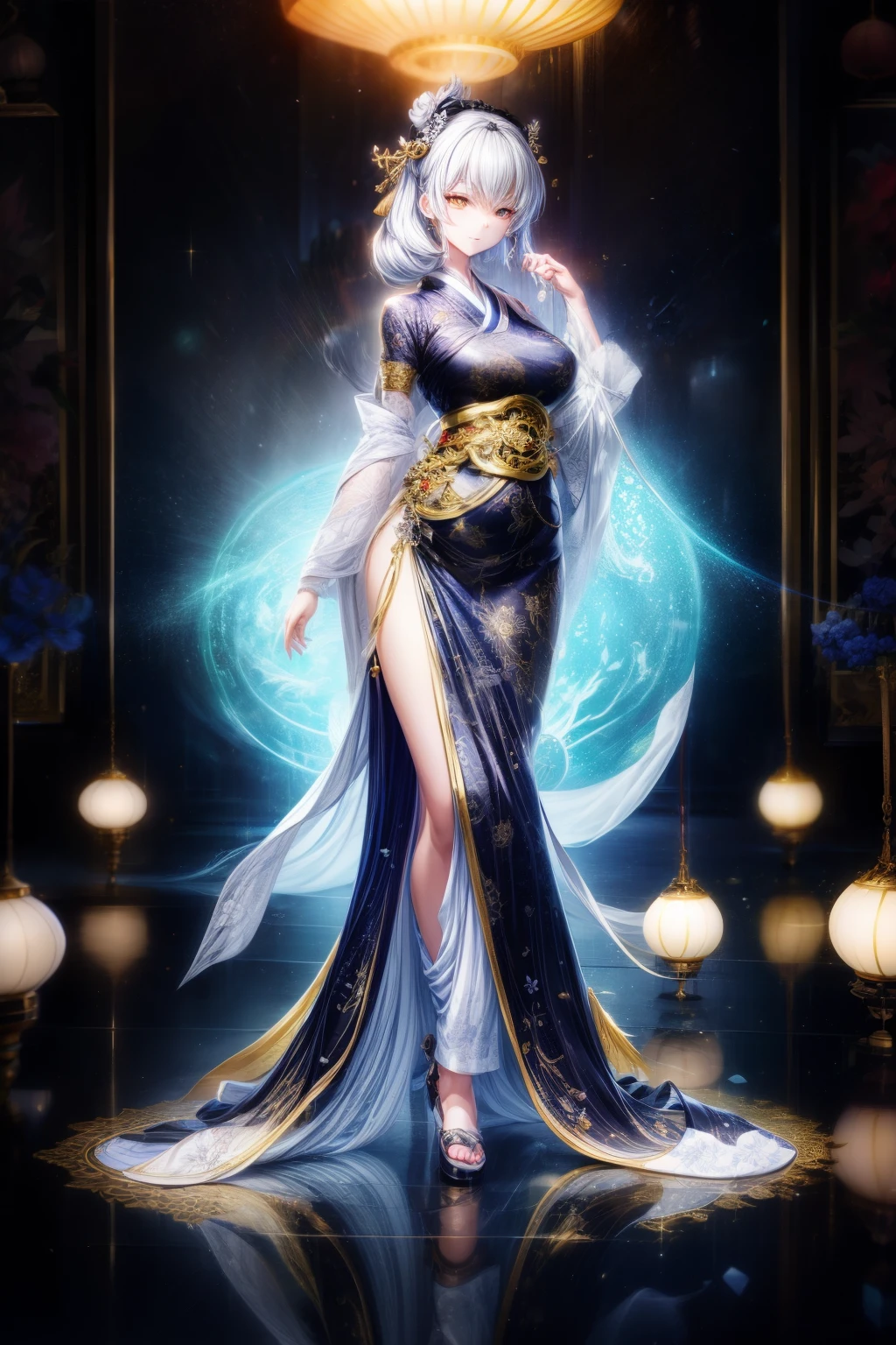 Photos of Japanese women in their 20s,Made of white and silver clear glass and plastic, geisha makeup, black hairstyle, Silver and gold metallic interior, dynamic poses, flowing organic structure, Meticulous carving, Lace design, Glowing golden circuit, 七彩neon decoration, Meticulous carving, Lace design, light emitting circuit, neon decoration, H'artistically.r. lever, Greg Rutowski