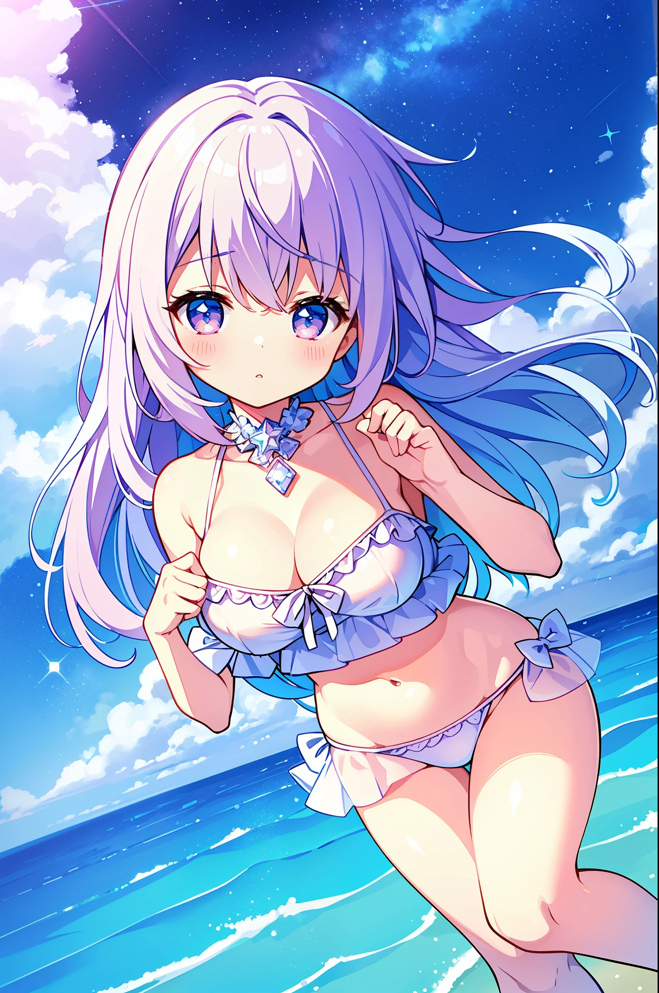 （masterpiece）、(highest quality)、((Super detailed))、(super delicate)、Cute naughty swimsuit idol、Pastel colors hair、beautiful breasts、Thighs、Gorgeous、Fantastic starry sky、beautiful sea、Wet and see-through