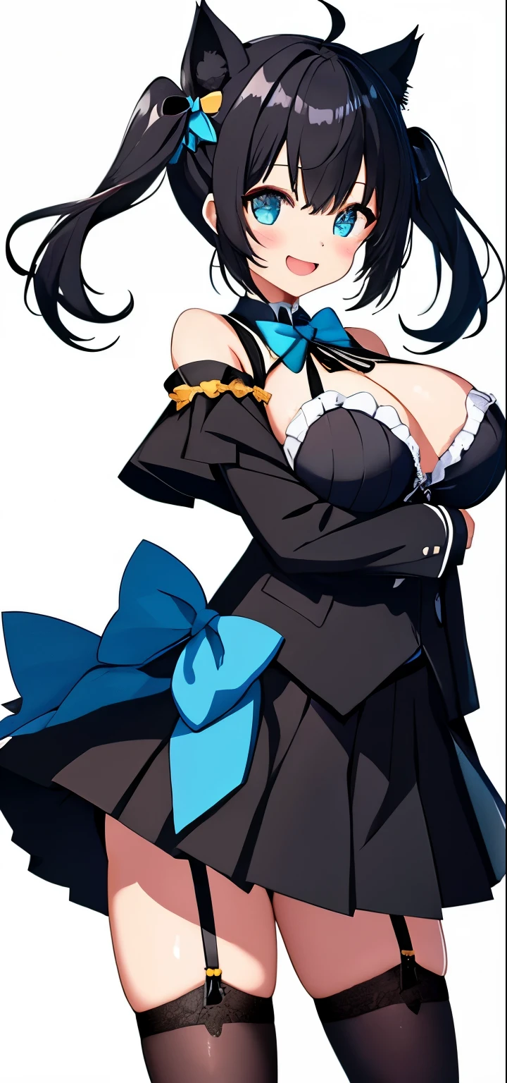 1 girl、open mouth、smile、Virtual YouTuber、girl with、((Highest image quality、High resolution、special images))、(black hair)、twin tails、(Black cat ears)、(Ahoge)、(short hair)、(wave hair) 、 (blue eyes)、、smile、((concept-art))、((View Viewer))。 )、black ribbon、A bow tie、♡、pleated skirt、Butterfly Ribbon、[[💉]]、garter belt、Both arms((upright))、solo、1 girl組、whole body、white background、simple background、positive。extremely big breasts