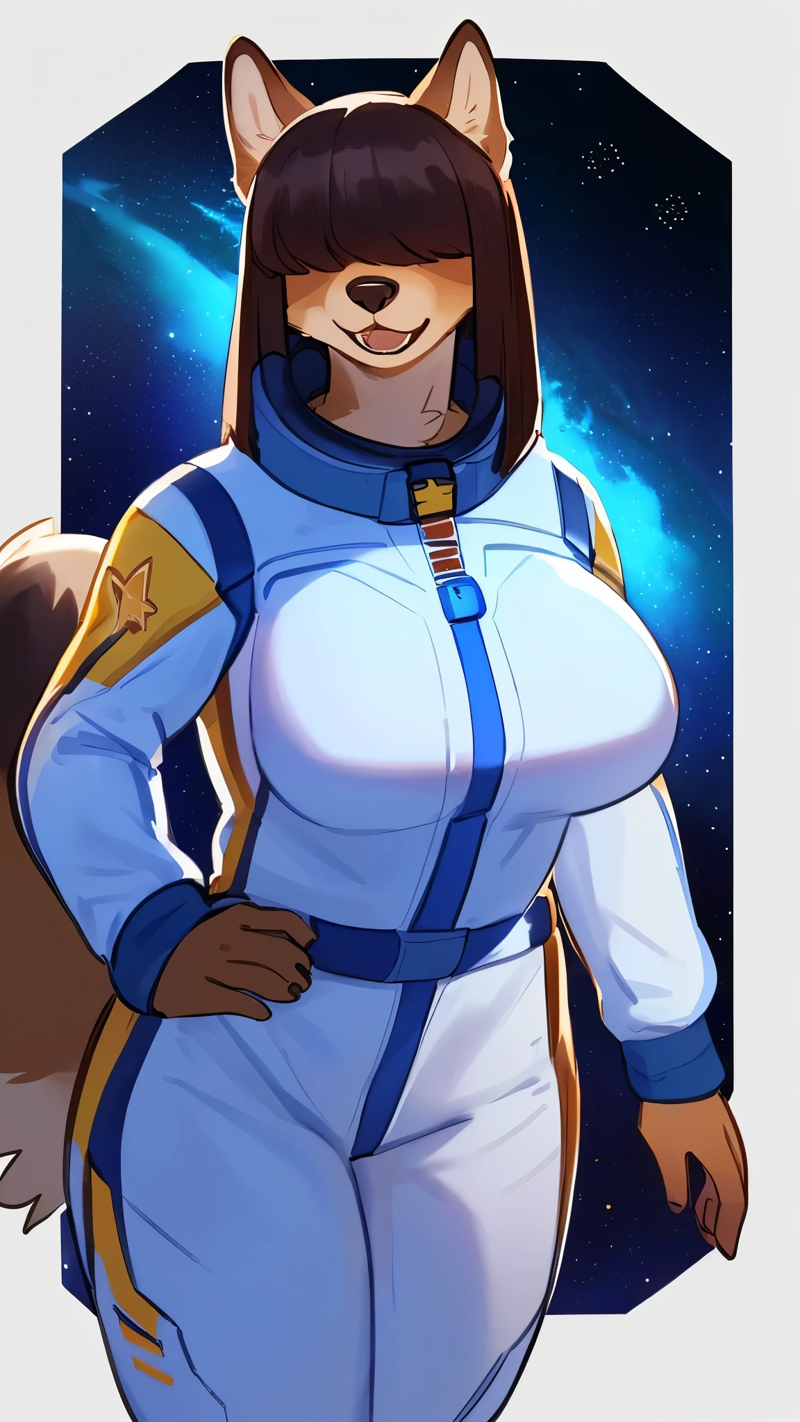 By bebebebebe, by lostgoose, by goonie-san, female, ((canine, snout, hair covering eyes, straight hair, medium hair, flat hair, ears, thin snout)), brown fur, big poofy tail, raised tail, dark maroon hair, ((muscular, big breasts)), solo, (white spacesuit), (((in space, floating around))), open mouth, smiling, happy, ((zero gravity, spacedust, stars, stardust))