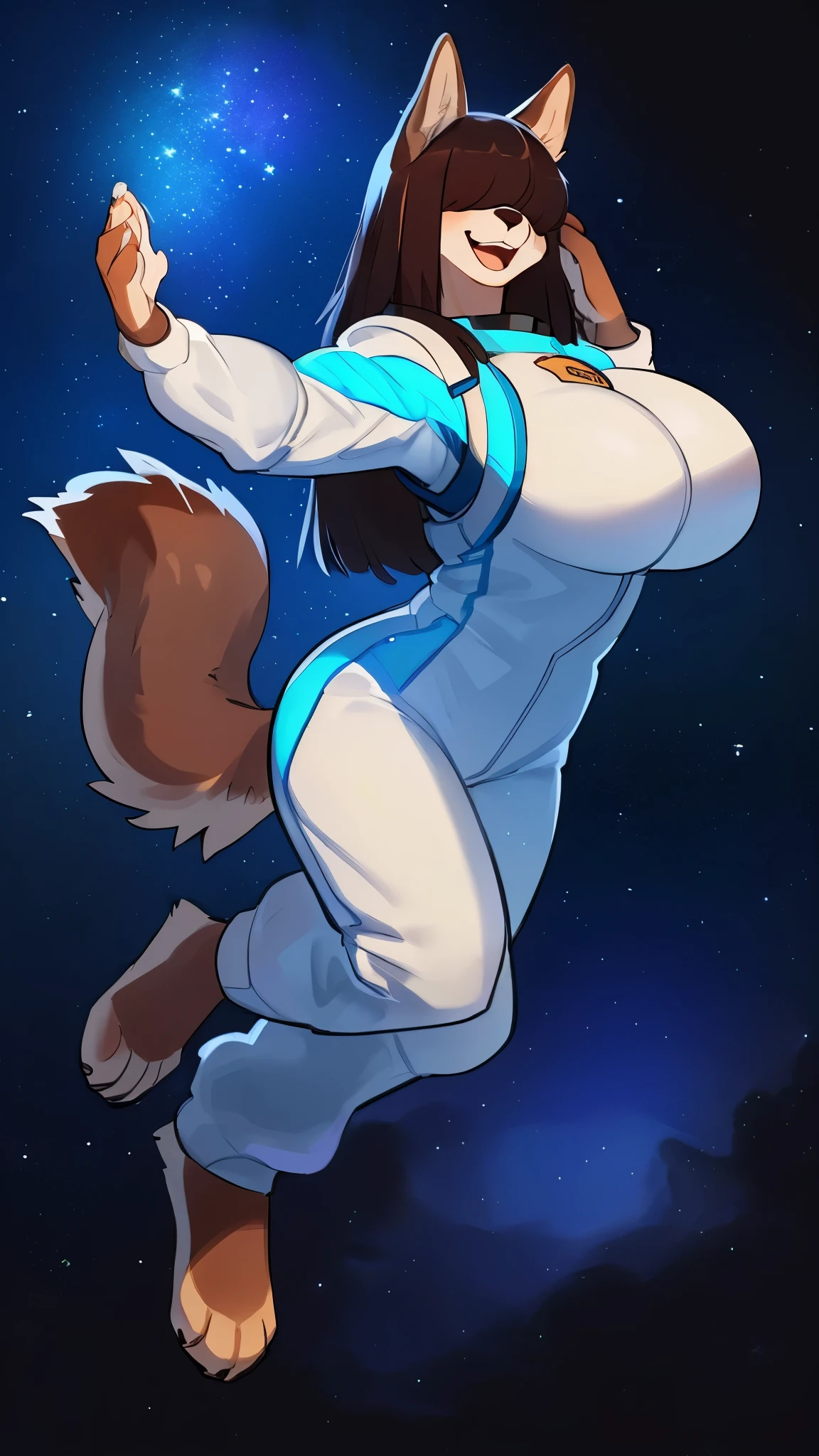 By bebebebebe, by lostgoose, by goonie-san, female, ((canine, snout, hair covering eyes, straight hair, medium hair, flat hair, ears, thin snout)), brown fur, big poofy tail, raised tail, dark maroon hair, ((muscular, big breasts)), solo, (white spacesuit), (((in space, floating around))), open mouth, smiling, happy, ((zero gravity, spacedust, stars, stardust))