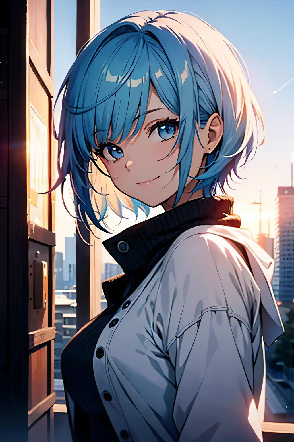 masterpiece、highest quality、movie stills、1 girl、bright、happiness、Warm and soft lighting、sky blue hair、short hair、