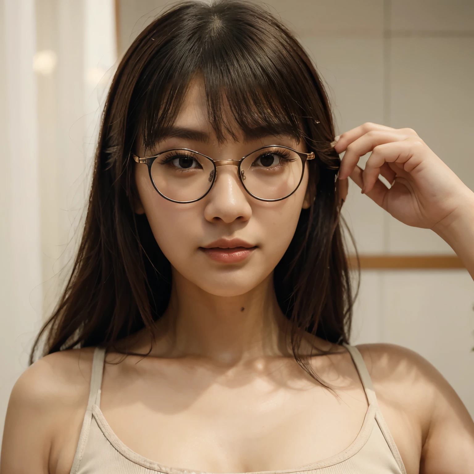 A close-up of a woman in a beige tank top and glasses on her face, Asian girl fashion, kpop, cabelo ondulado com franja, lalisa manobal, Kim doyoung, jiyoung shin, jaeyeon Nam, young adorable asian face, o corte Hime , estacionar partir de-mim, franja fofa.