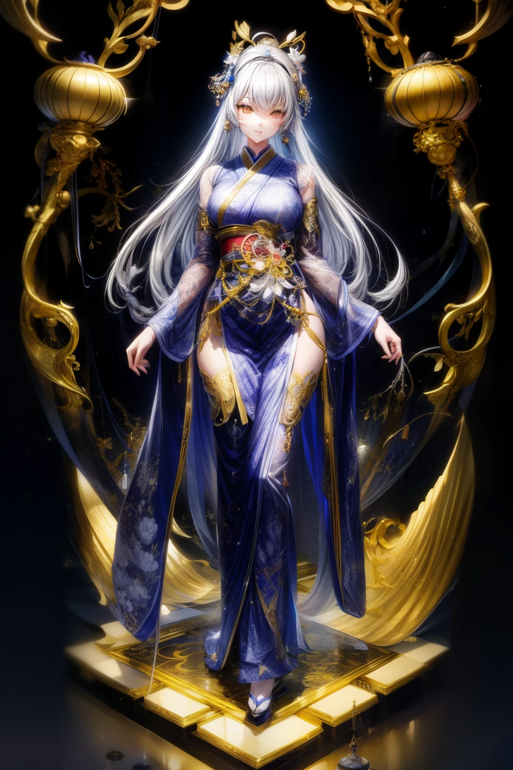 Photos of Japanese women in their 20s,Made of white and silver clear glass and plastic, geisha makeup, black hairstyle, Silver and gold metallic interior, dynamic poses, flowing organic structure, Meticulous carving, Lace design, Glowing golden circuit, 七彩neon decoration, Meticulous carving, Lace design, light emitting circuit, neon decoration, H'artistically.r. jiger, Greg Rutowski
