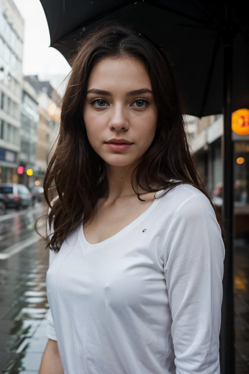 ((Best quality)), ((masterpiece)), (detailed), Blue eyes, city, Photograph, rain, umbrella