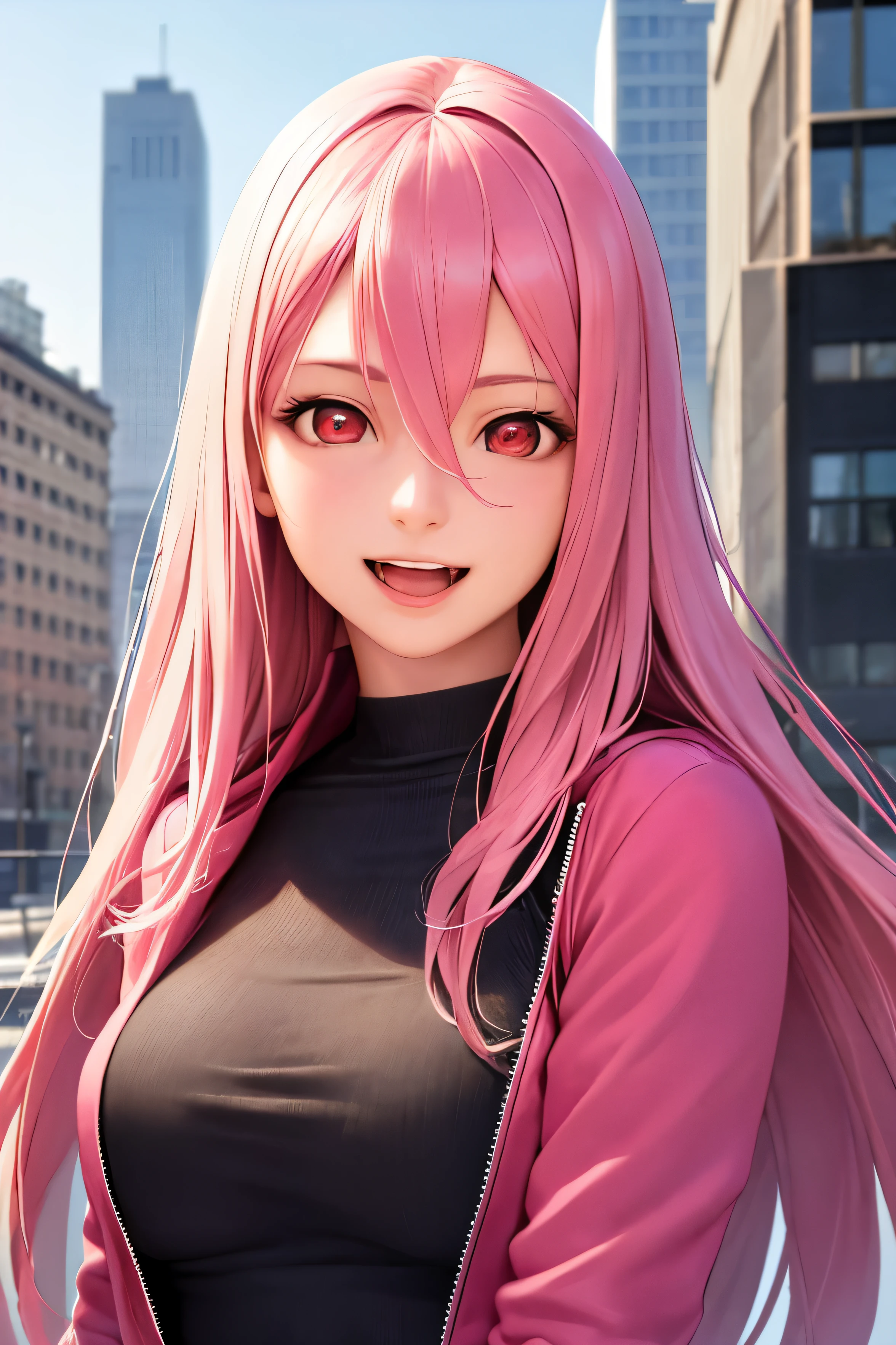 1girl, ((best quality)), ((masterpiece)), ((realistic)), (detailed), (perfect face), beautiful women, pure happy, smile, open mouth, pink hair, long hair, hair between eyes, red eyes, nevy blue jaket, attractive, building background