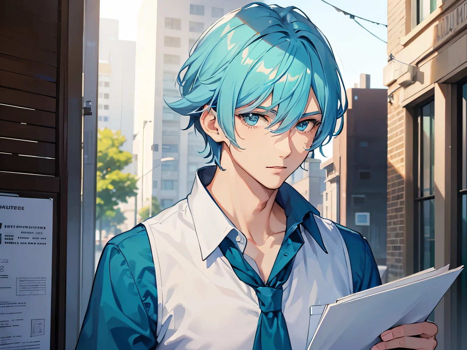 Male, Tall, Light Blue hair, aqua blue eyes, Handsome, Holding papers, Smart looking, Wearing a simple shirt, Detailed Face, Different Unique Hairstyles, Medium hair