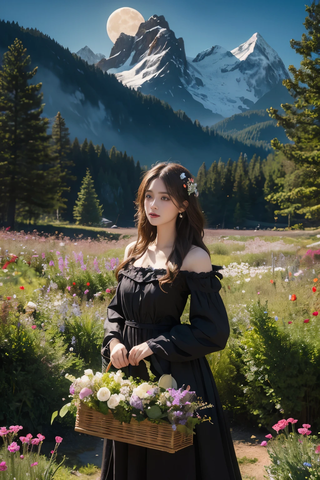 (masterpiece),(best quality), illustration, (fantasy:1.4), witch, cute detailed digital art, pretty face, brown hair, Hair stands on end, castle, Mountain, dark long dress, a moon, flowers , paper_cut