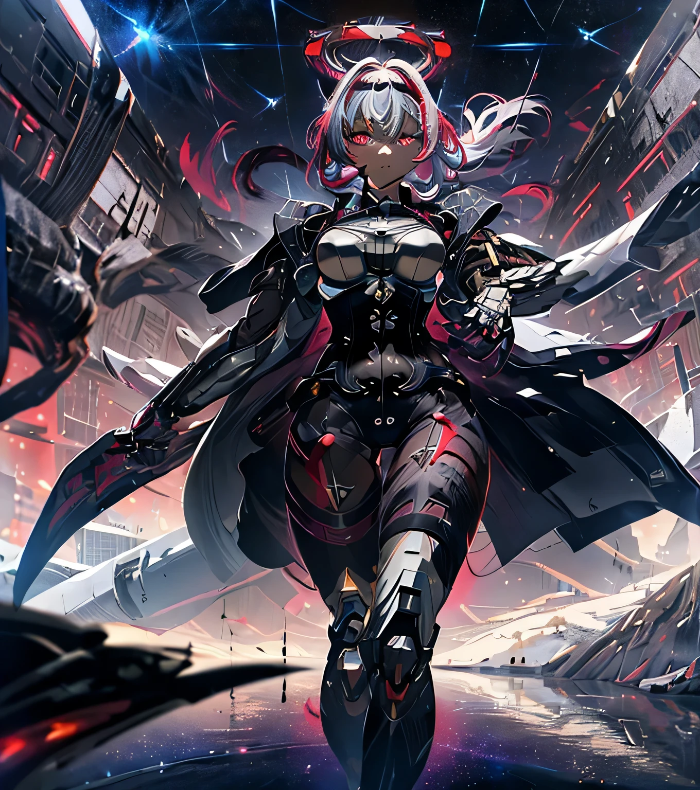masterpiece,best quality,Super detailed,Very detailed的插图,Very detailed,intricate details,high resolution,超级intricate details,Very detailed 8k cg wallpaper,cowboy shooting, Caustics,reflection,Ray tracing,Demon Theme,nebula,dark aura,cyber effect, (1 girl:1.4),alone,alone,Mecha Maiden,Mechanical Parts, robot joints,single mechanical arm, hat, Mechanical Halo,Star Hello,Complex mechanical body suit, mecha corset, Full A, very long hair,white hair, hair between eyes, colorful hair, Colored inner hair, red eyes,glowing eyes,line of sight, random expression,random action, ancient japanese architecture,pond, starry sky,Skyline,